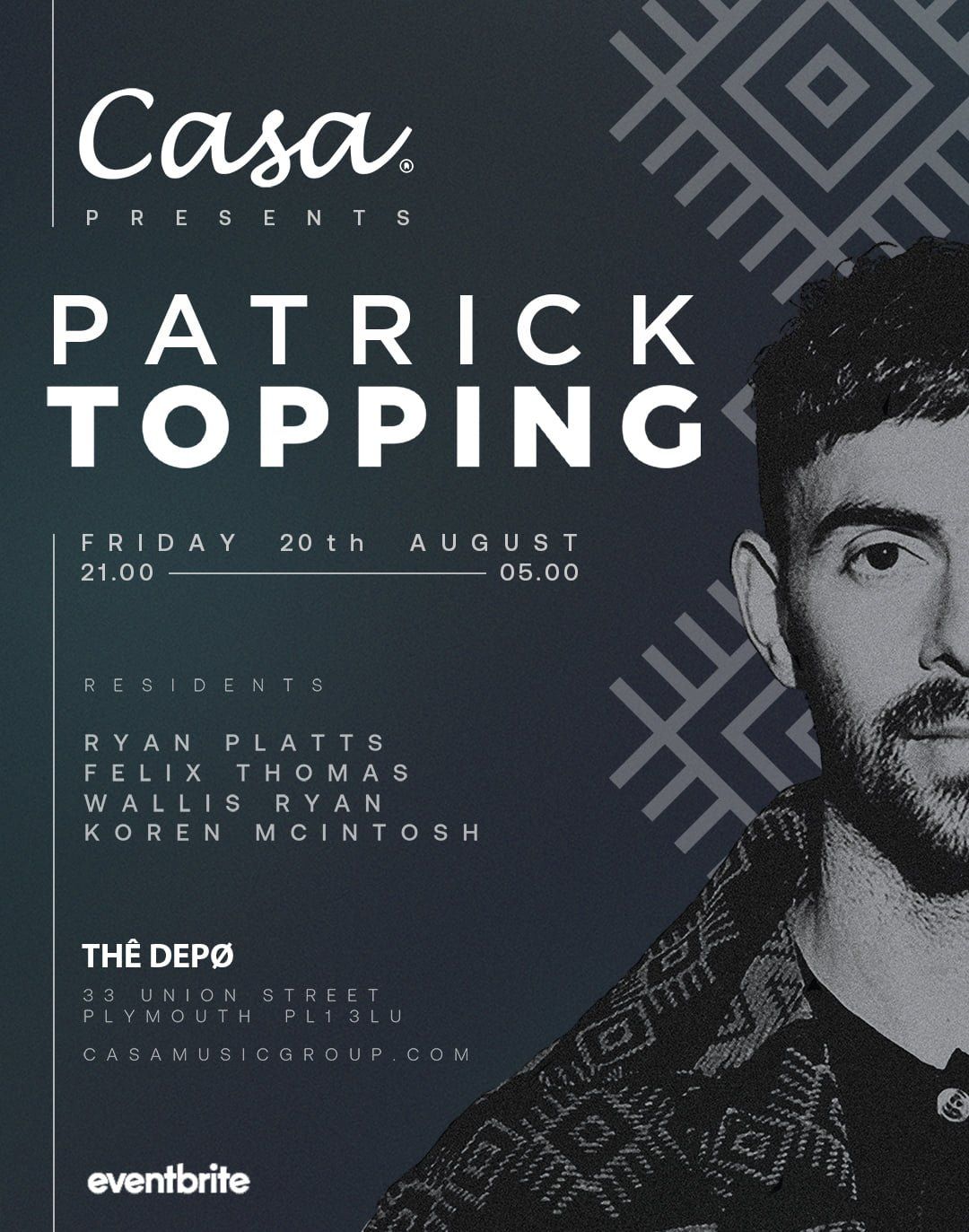 A black and white poster for patrick topping