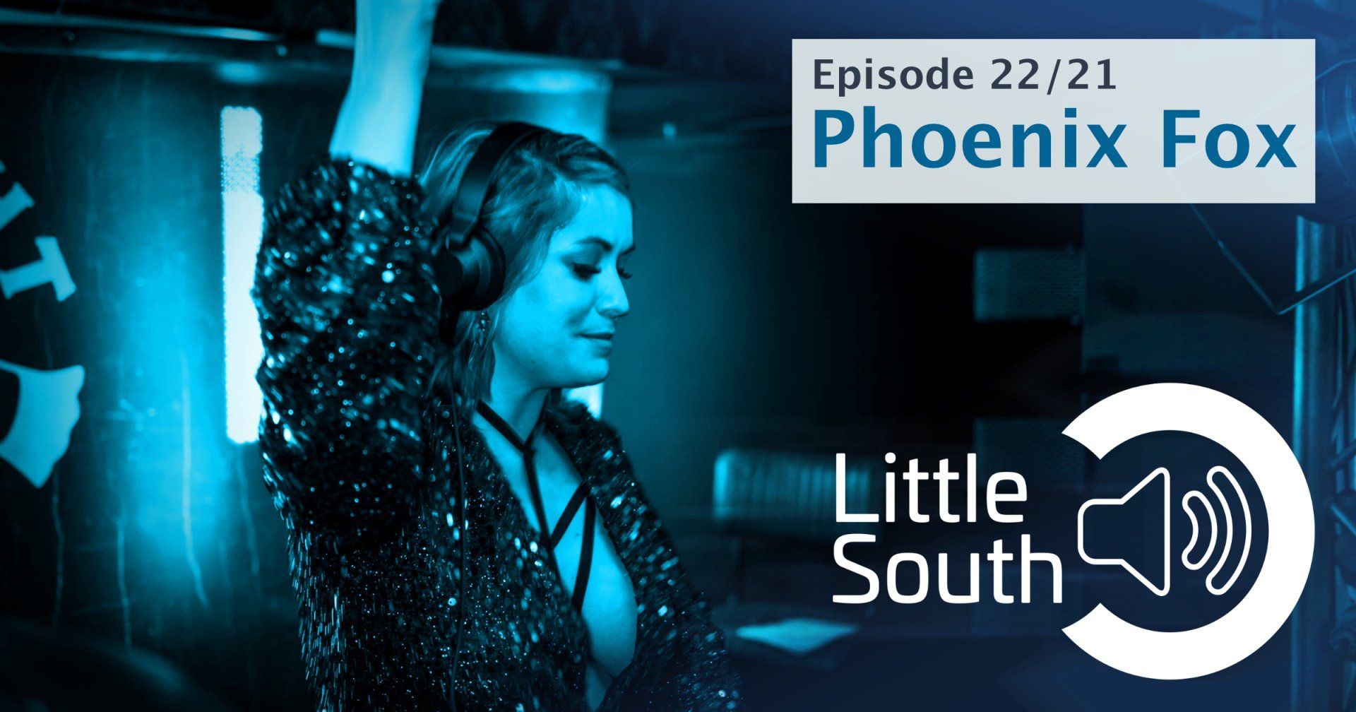 A woman wearing headphones is on a little south podcast