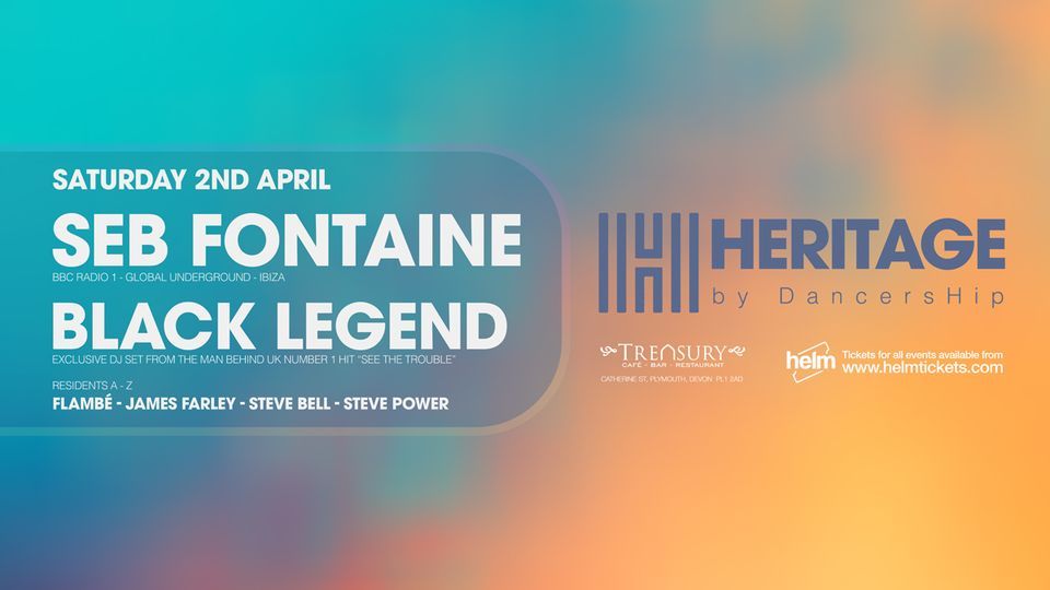 A poster for seb fontaine and black legend at heritage festival on saturday 2nd april.