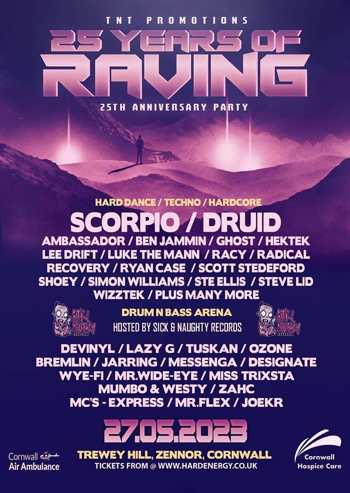 A poster for 25 years of raving with scorpio druid on it