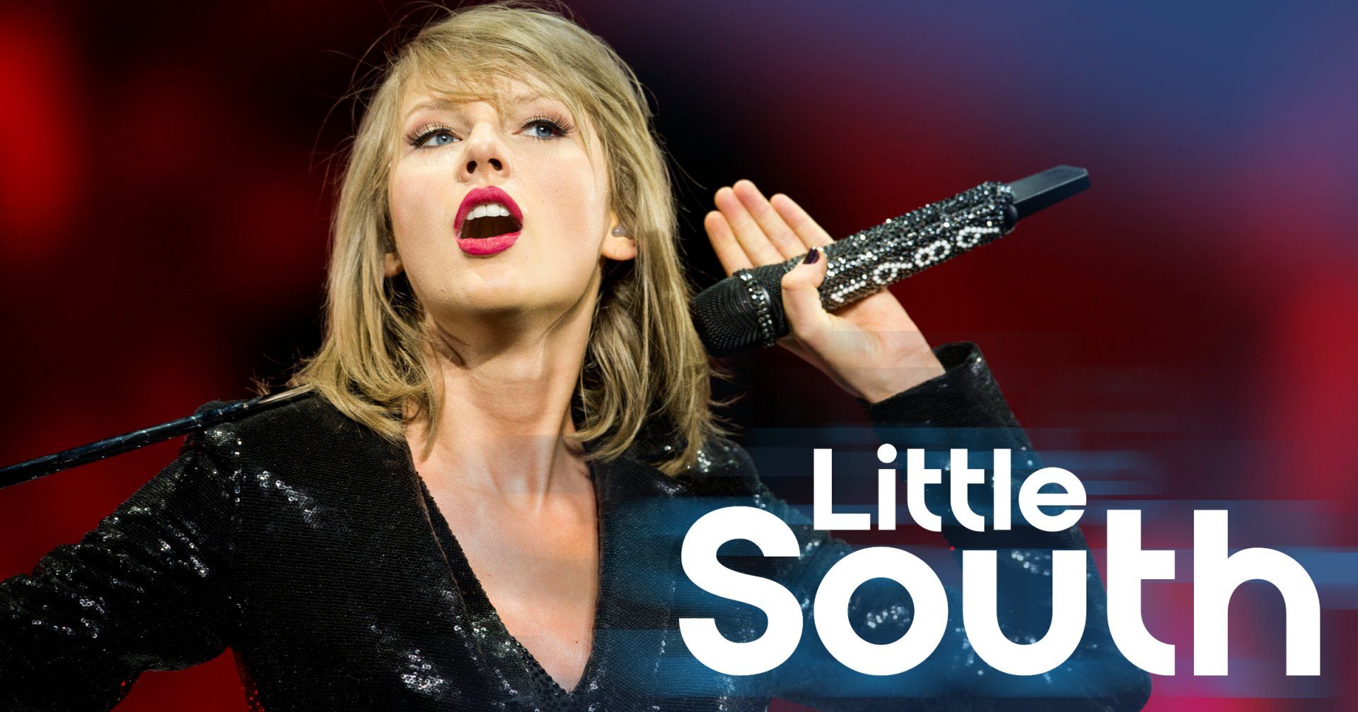 A woman is singing into a microphone with the words little south behind her.