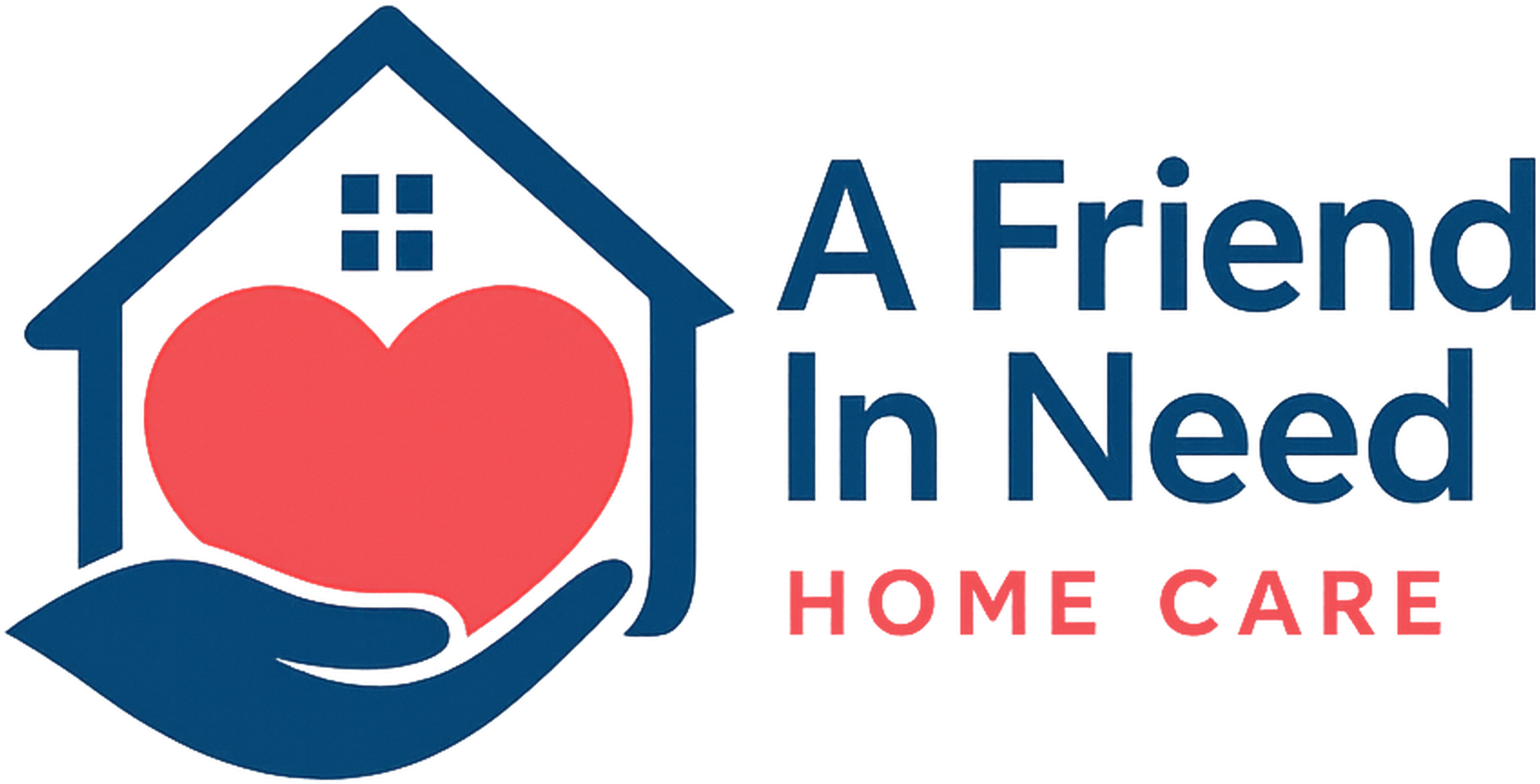 A friend in need home care logo with a hand holding a heart in front of a house.