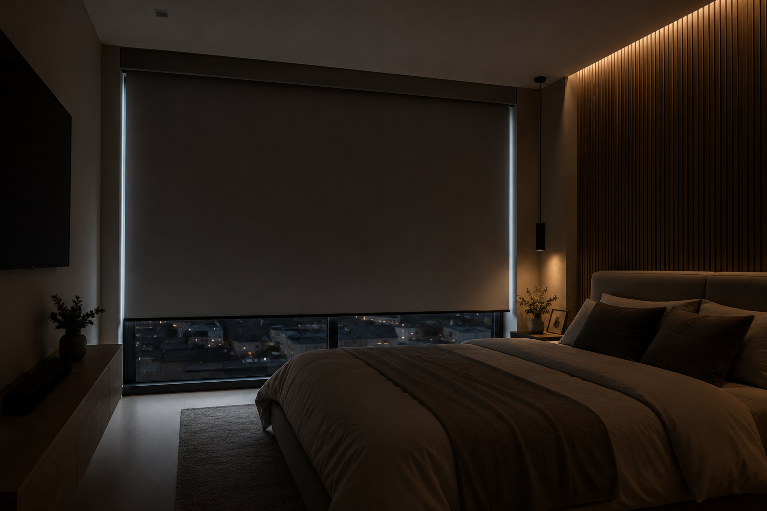 Muestra de tela blackout junto a una almohada y un textil de lino