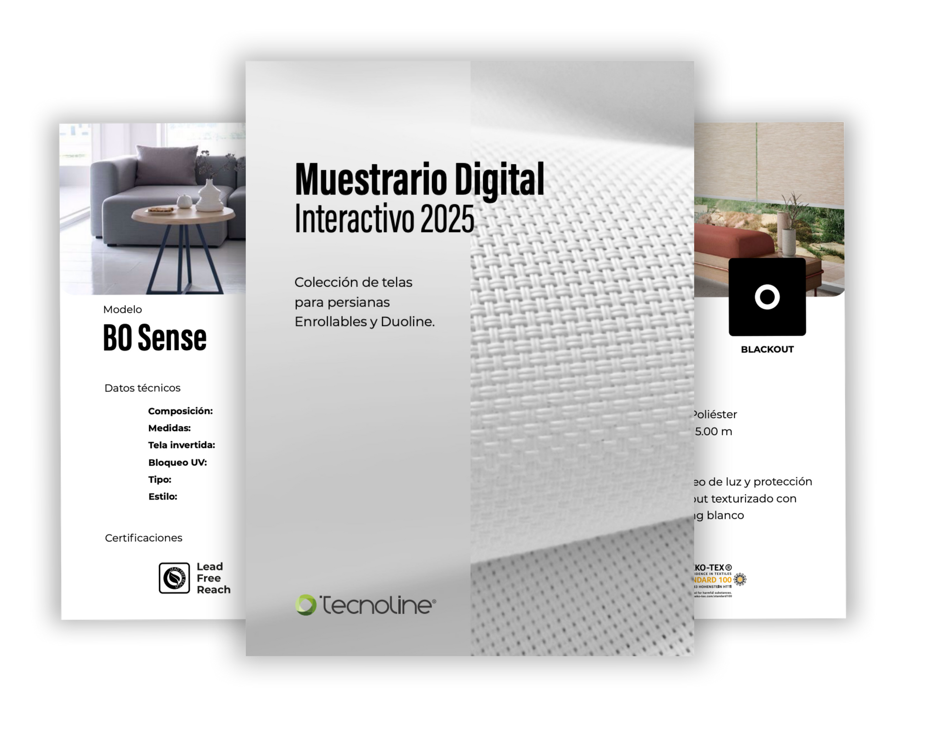 Folleto promocional para &ldquo;Muestrario Digital Interactivo 2025&rdquo; con paneles texturizados blancos y tarjetas de producto.