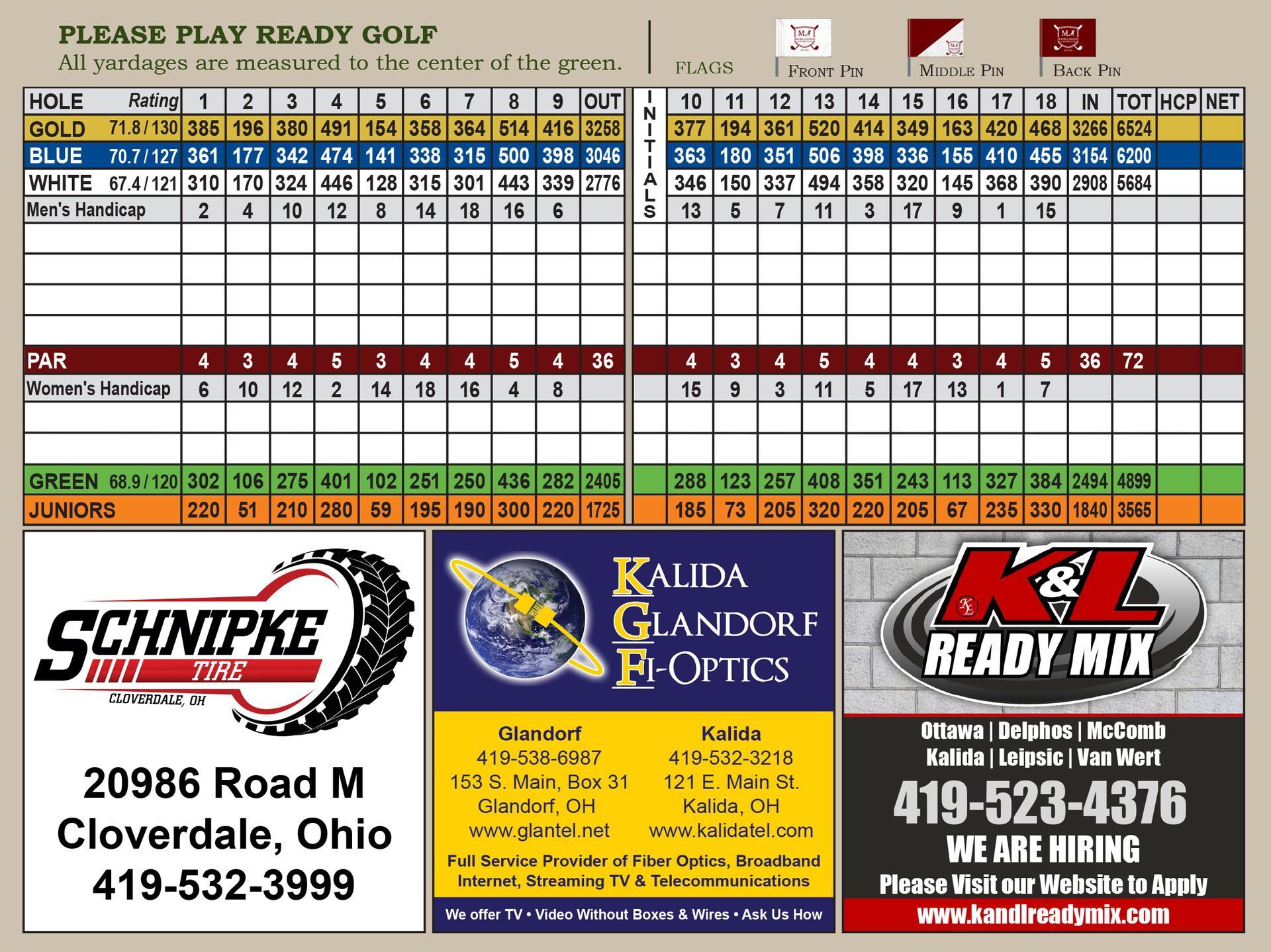 A scorecard that says please play ready golf on it