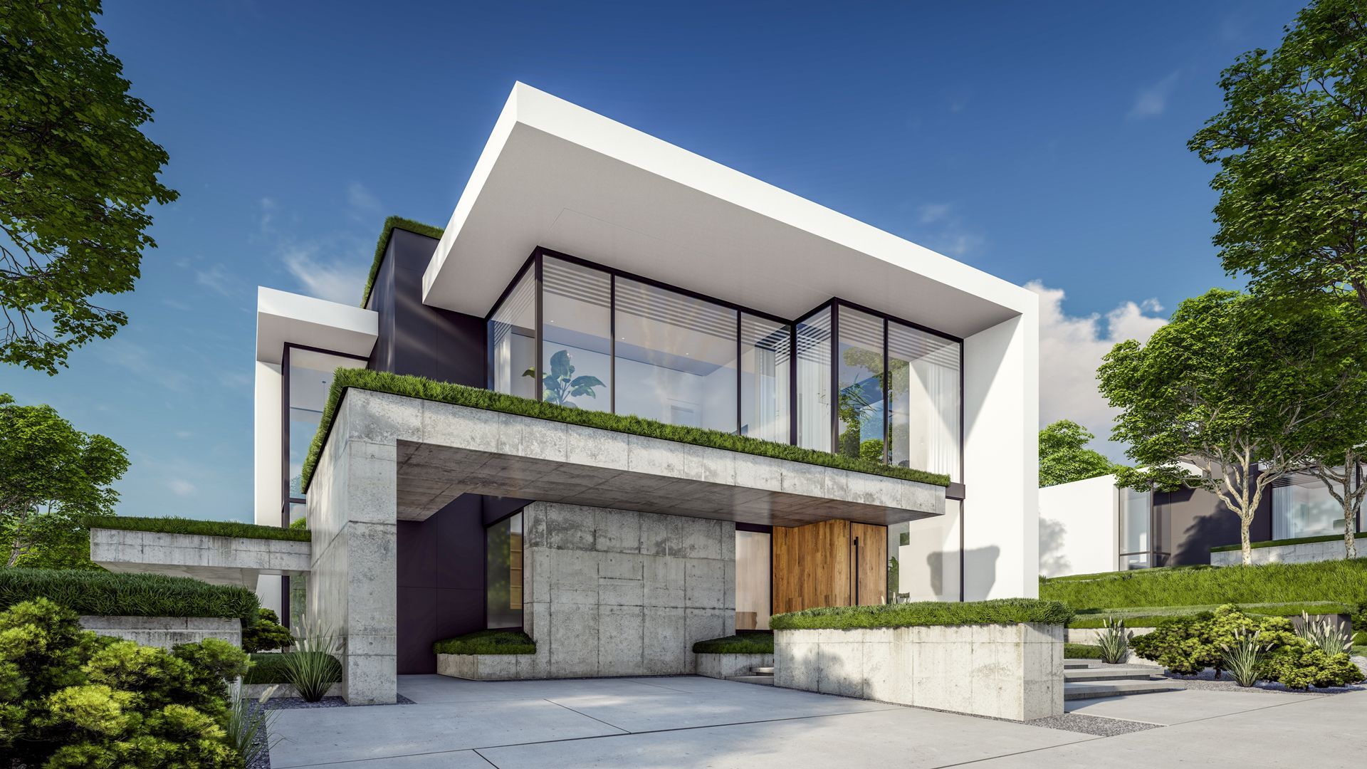 Modern home exterior with concrete, white, and glass design.