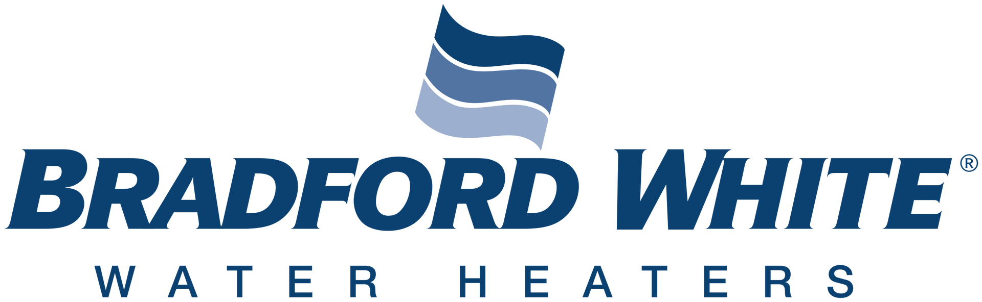 Bradford White Water Heaters logo with blue flag design. The brand name is in blue