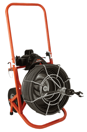 Orange and black drain cleaning machine with coiled cable