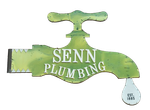 Sign for Senn Plumbing: a green, stylized faucet with white text and a water drop