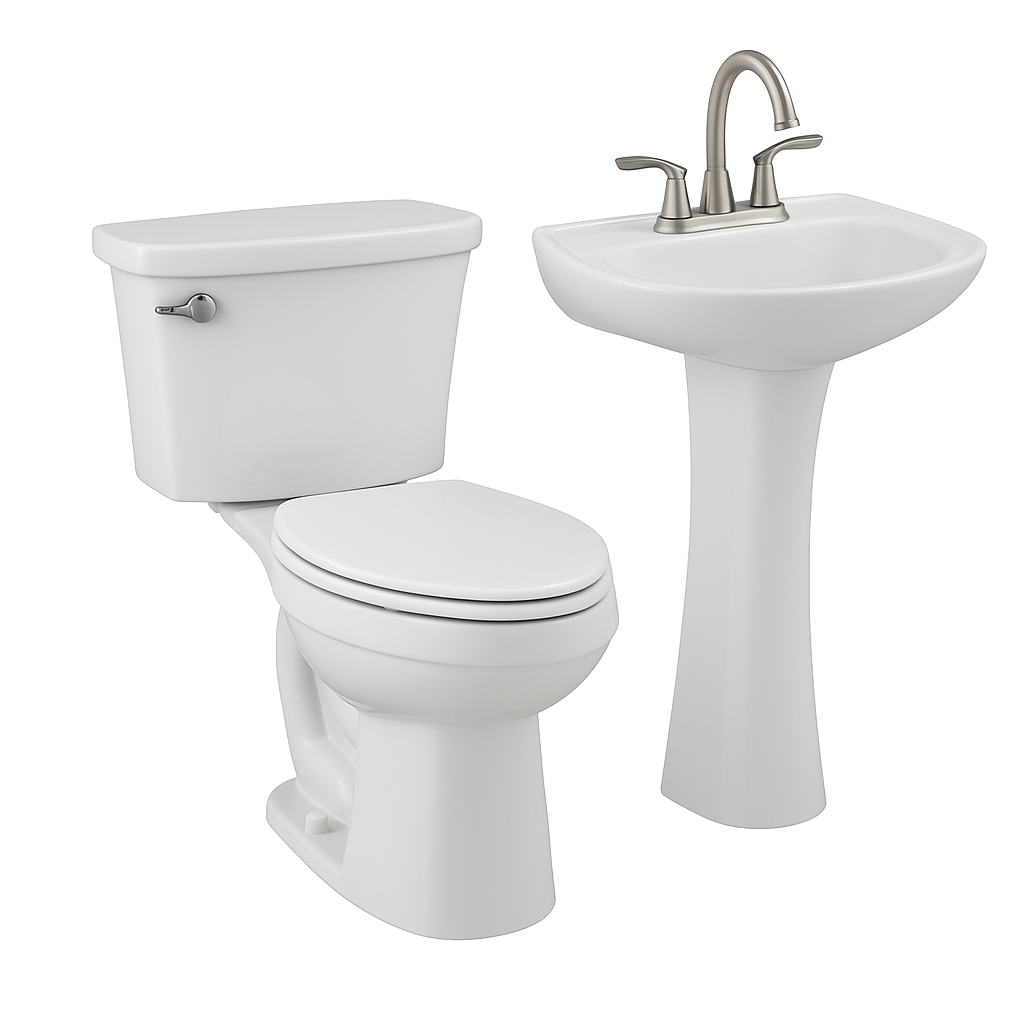 White toilet and pedestal sink set in a bathroom setting