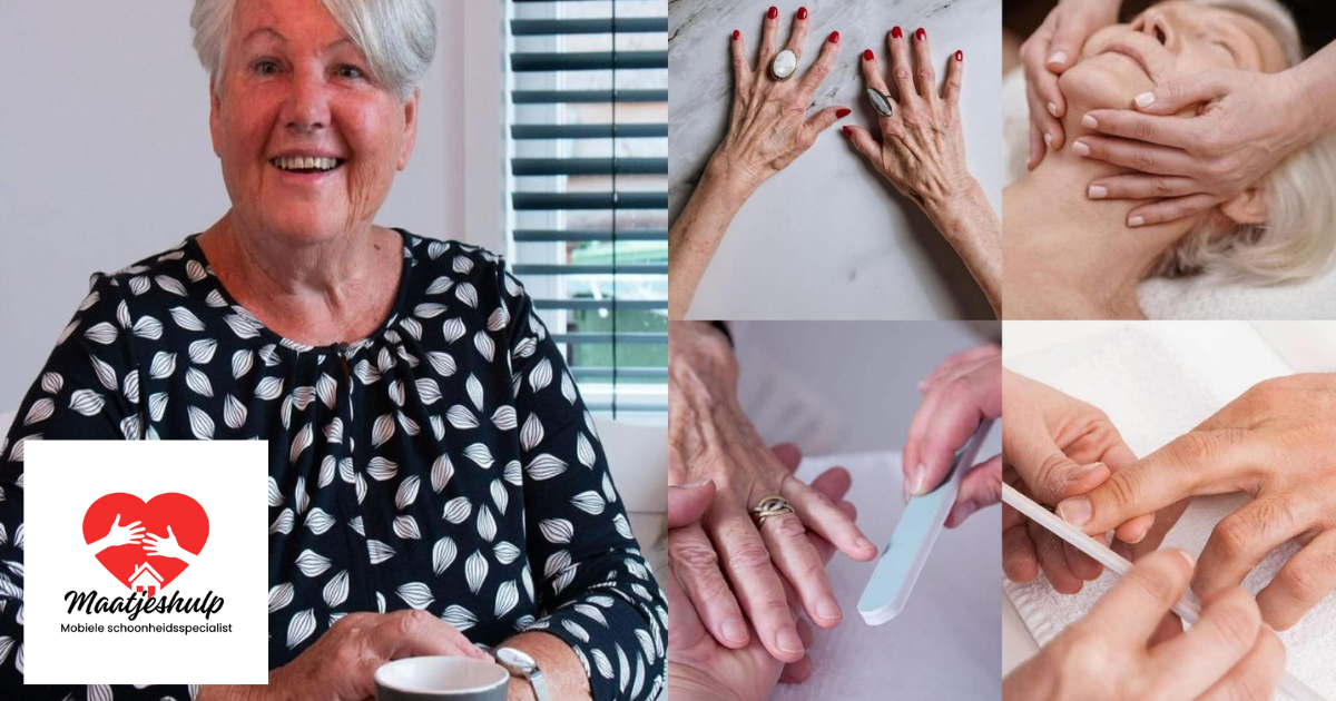 Genieten van uiterlijke verzorging aan huis! Collage van uiterlijke verzorging aan huis met een gezichtsmassage, manicure, handverzorging en het logo van Maatjeshulp.