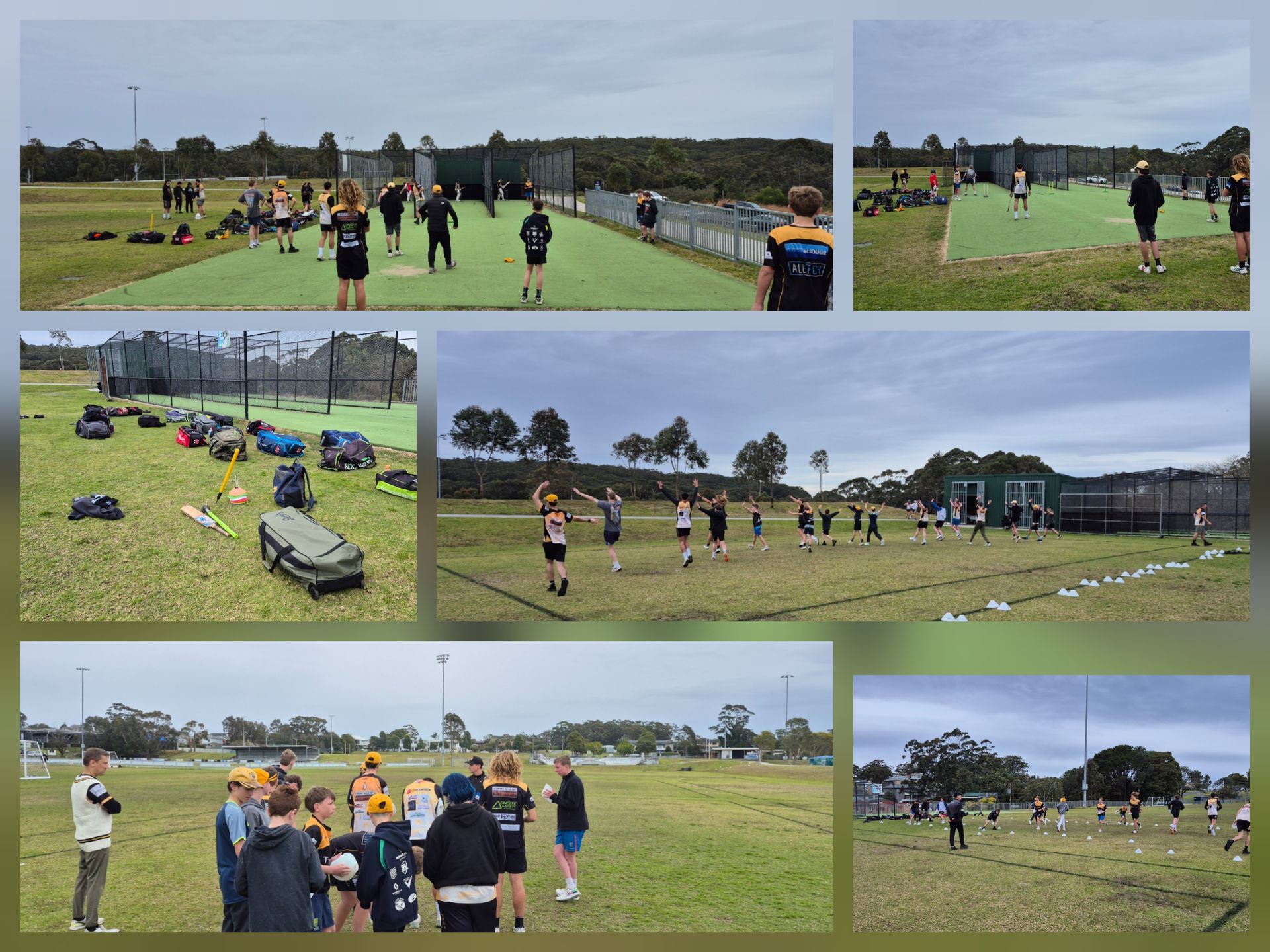 cricket players on a grassy field during practice, with groups training under an overcast sky.