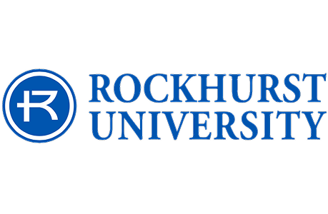 The Rockhurst University logo features a blue circular icon with a white stylized "R" next to the university name in blue.