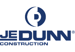 Logo for JE Dunn Construction featuring a stylized navy blue circular icon with a letter D, followed by the company name.