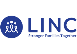 Logo for LINC: a blue circle containing a white abstract icon of three figures, with