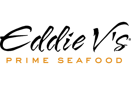 Logo for Eddie V's Prime Seafood in black cursive text over gold uppercase text on a white background.
