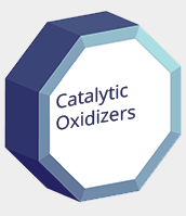 A blue octagon with the words catalytic oxidizers on it