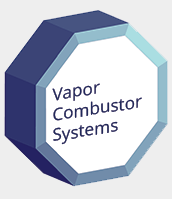 A blue and white logo for vapor combustor systems