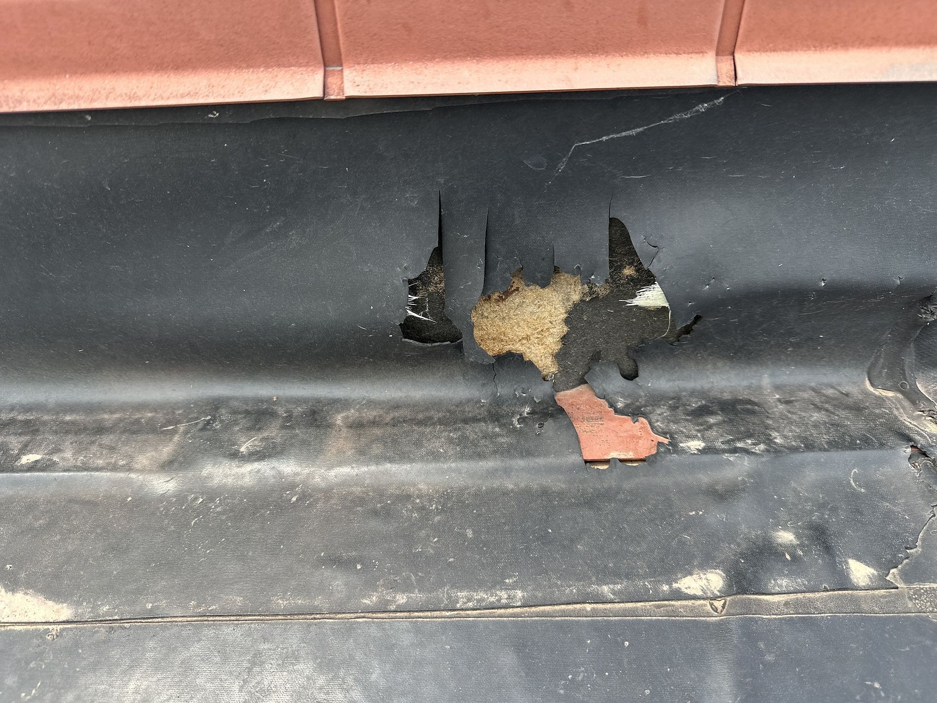 A close-up view of a damaged black rubber roof membrane, showing a puncture revealing the light-colored insulation below.
