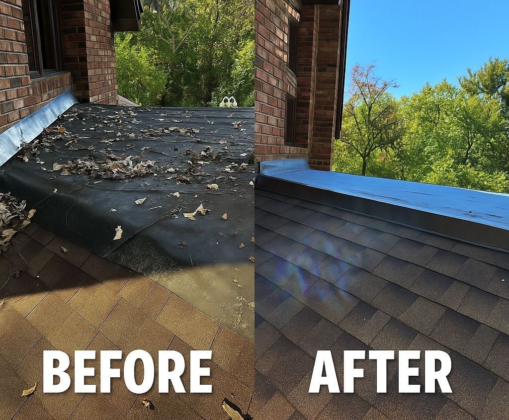 A split-screen comparison of a roof area: before shows debris and leaves on a flat surface, after shows it clean.