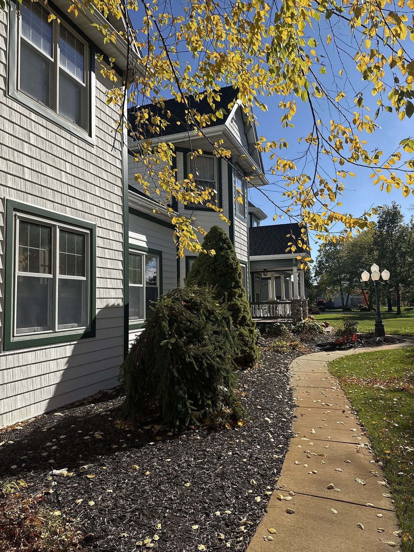 A light-gray shingled building with green-trimmed windows beside a concrete walkway, framed by autumn leaves.