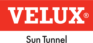 The Velux logo in white on a red rectangular background, with the text "Sun Tunnel" in black below it.