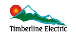 Timberline Electric logo with green mountains, a red sun, and blue sky accents