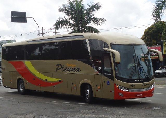 Grande ônibus de turismo bege e vermelho estacionado em uma rua, com palmeiras ao fundo.