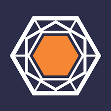 Contorno geométrico hexagonal branco com centro hexagonal laranja sobre fundo azul-marinho escuro