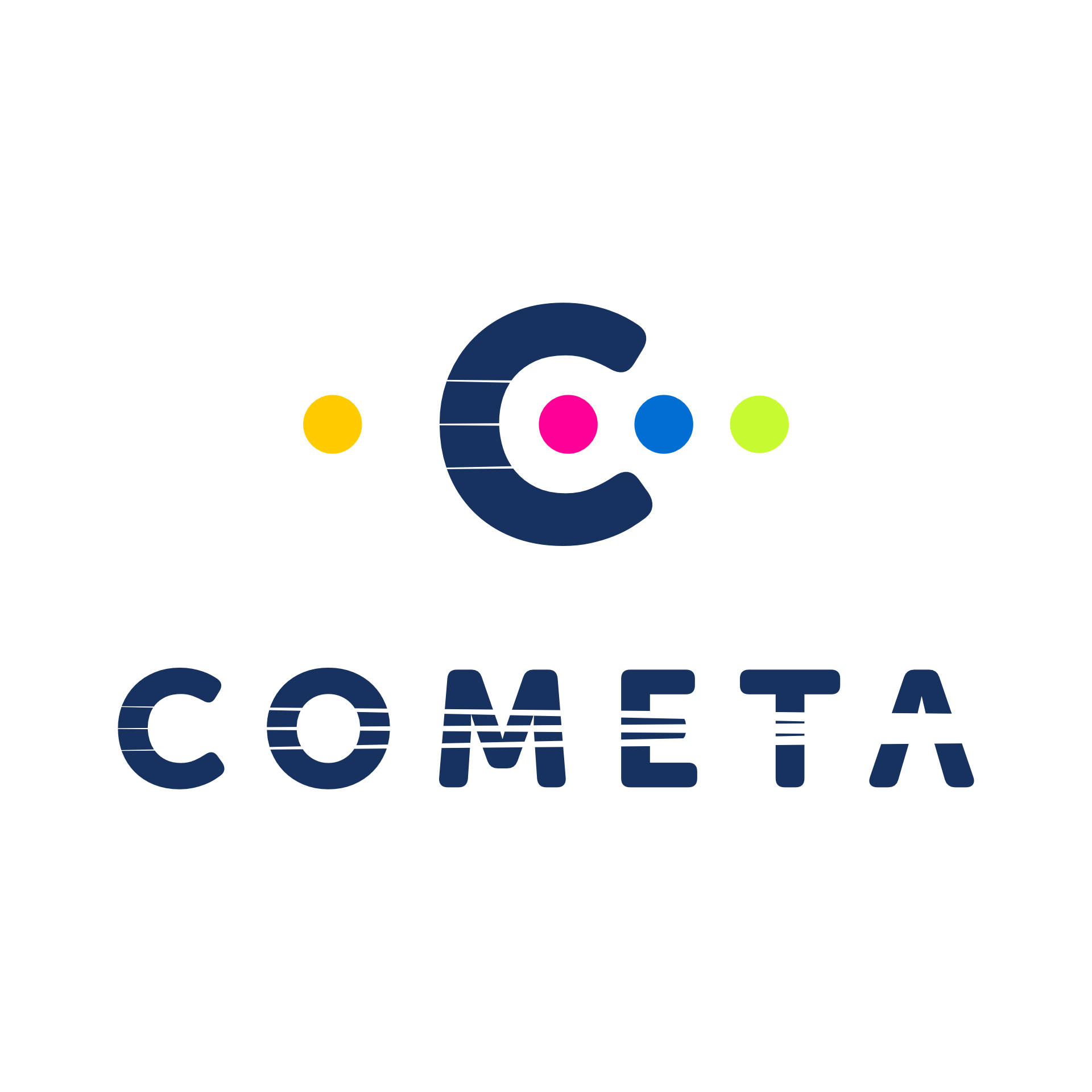 Logotipo da COMETA com um C estilizado em azul escuro e pontos multicoloridos acima da marca.