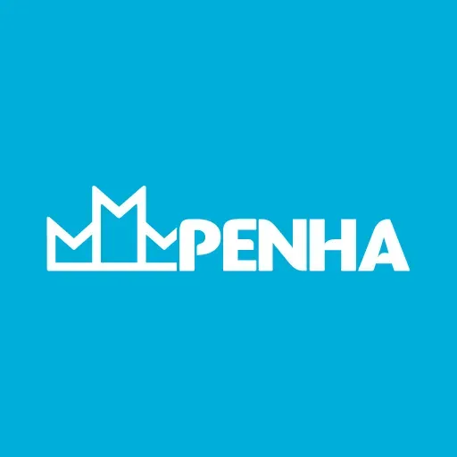 Logotipo PENHA branco com ícone de coroa sobre fundo azul.
