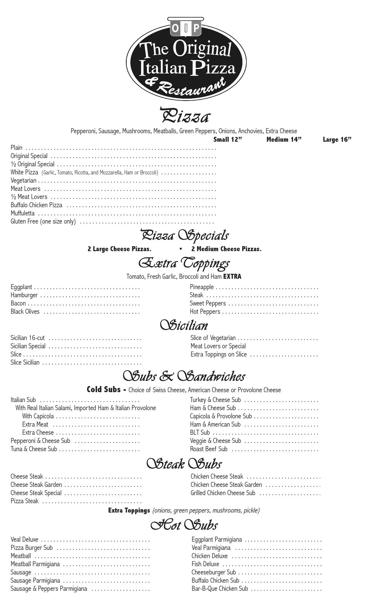 Menu — Mifflinburg, Pa — The Original Italian Pizza & Restaurant