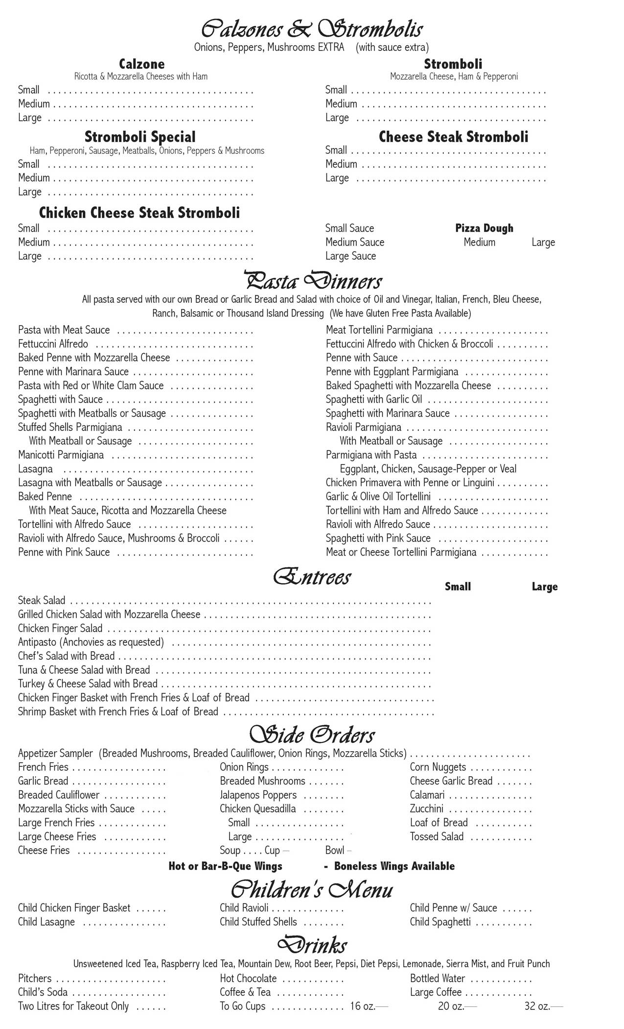 Restaurant menu — Mifflinburg, Pa — The Original Italian Pizza & Restaurant