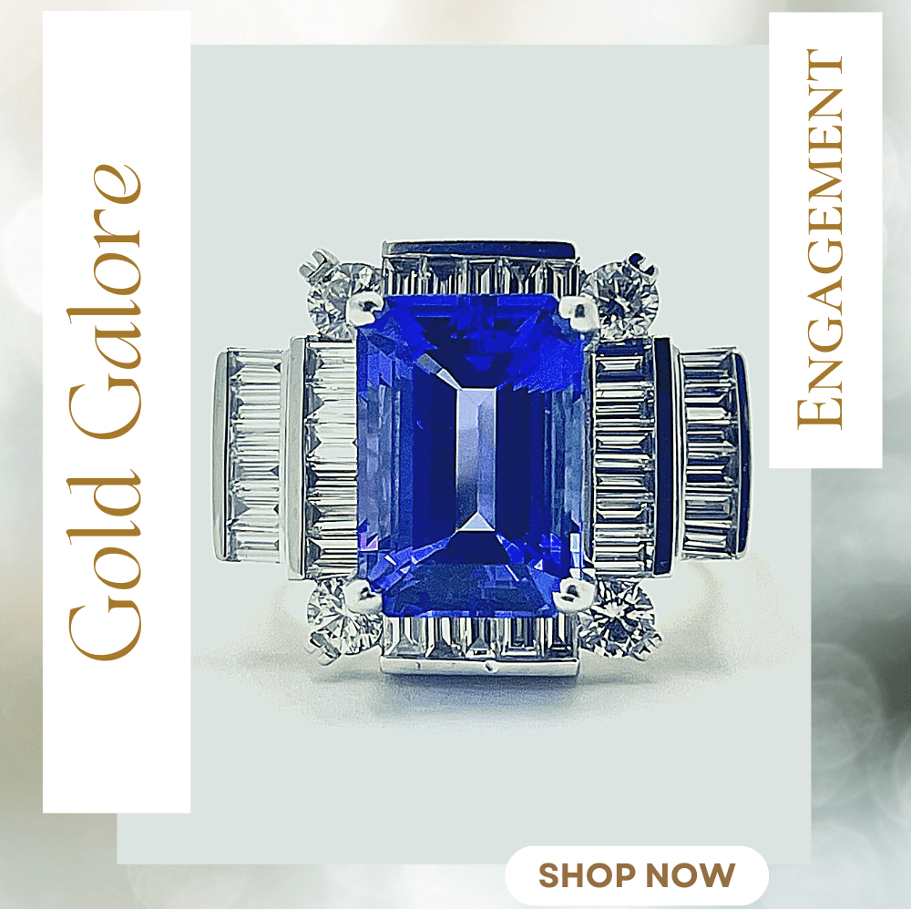 A gold galore engagement ring with a sapphire and diamonds