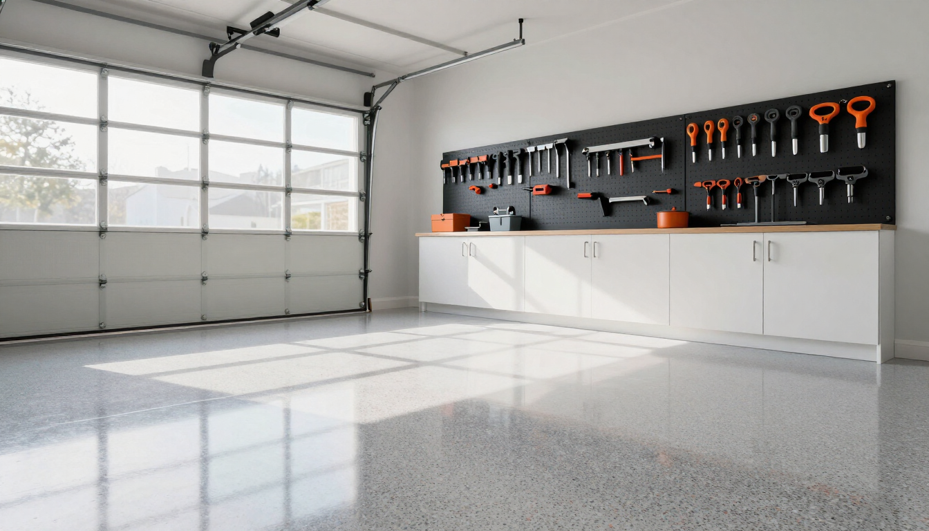 High-quality decorative flake garage floor coating in a modern Phoenixville home.