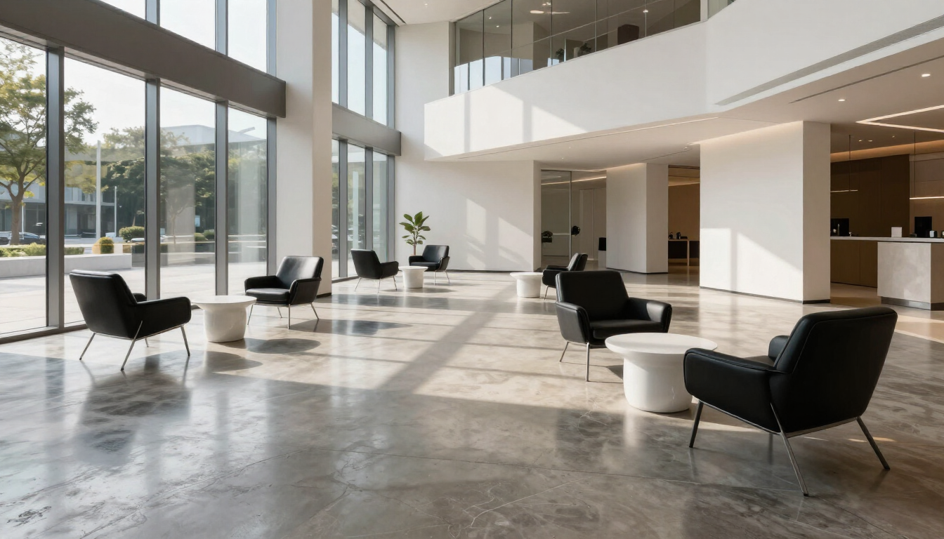 Polished and stained commercial concrete floor in a modern office lobby.