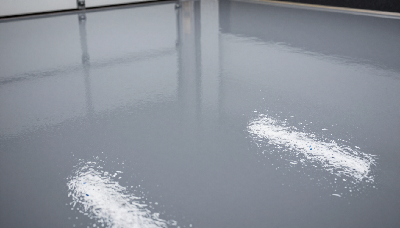 A shiny grey epoxy coated floor with blue and white decorative flakes