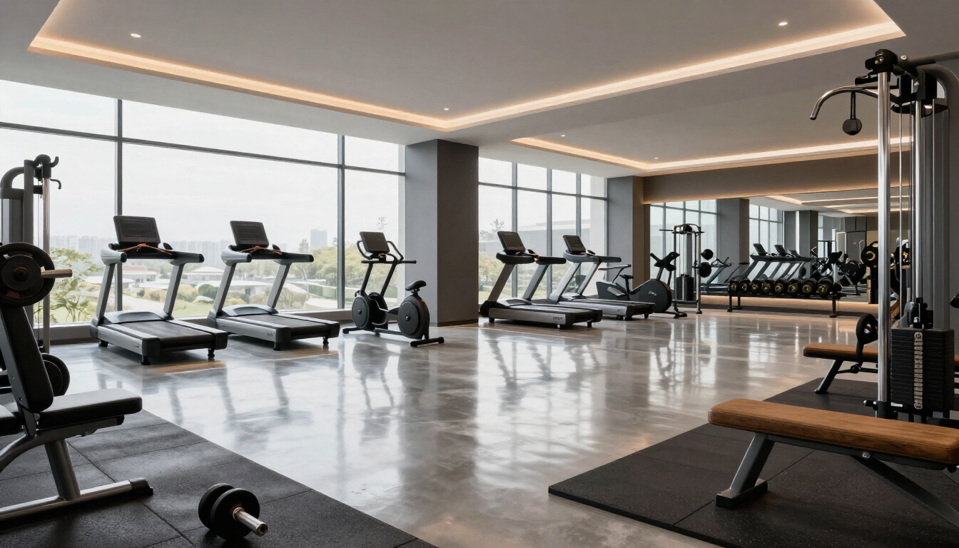 Durable gym concrete flooring coatings for commercial fitness centers.