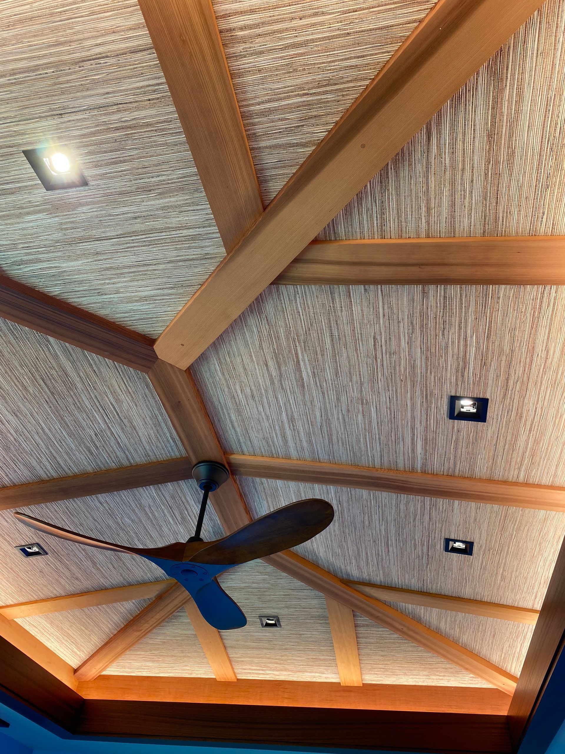 Ceiling with wooden beams and woven texture; ceiling fan and spotlights.