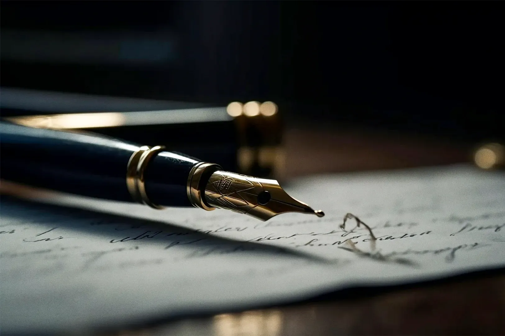 Macro low-angle shot of a luxury fountain pen with a gold nib resting on handwritten paper, highligh