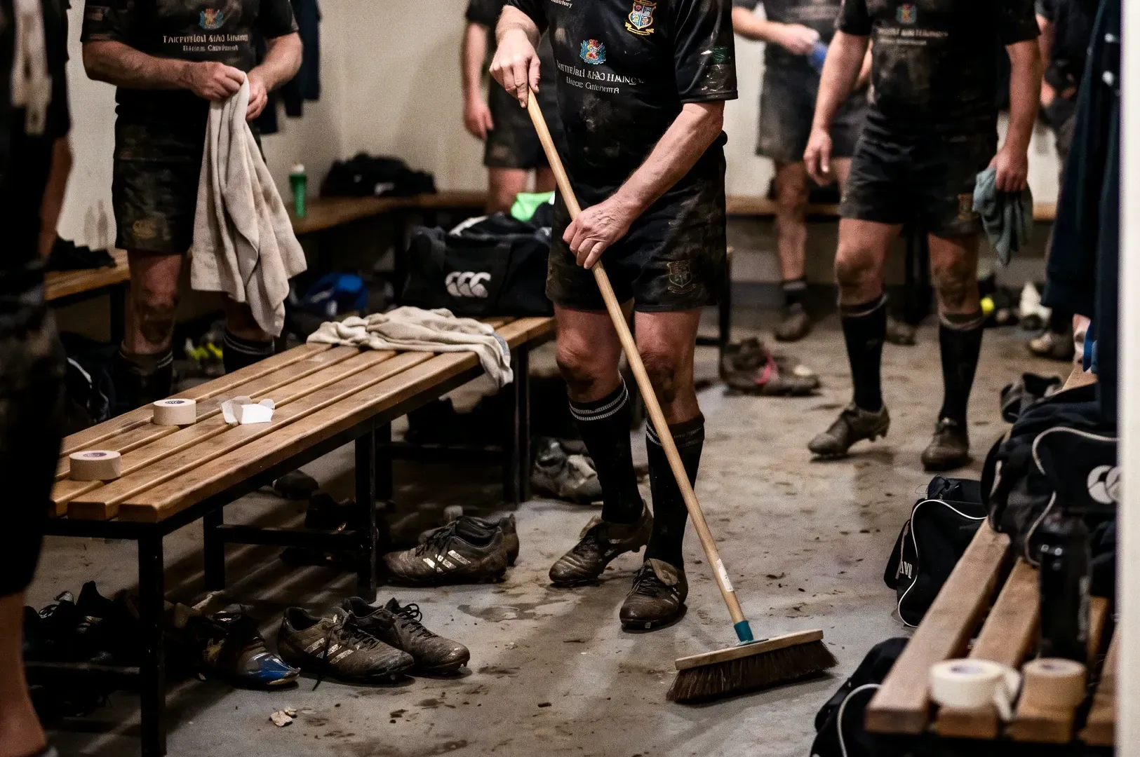 Eye-level candid shot of rugby players cleaning locker room with broom after match, illustrating 