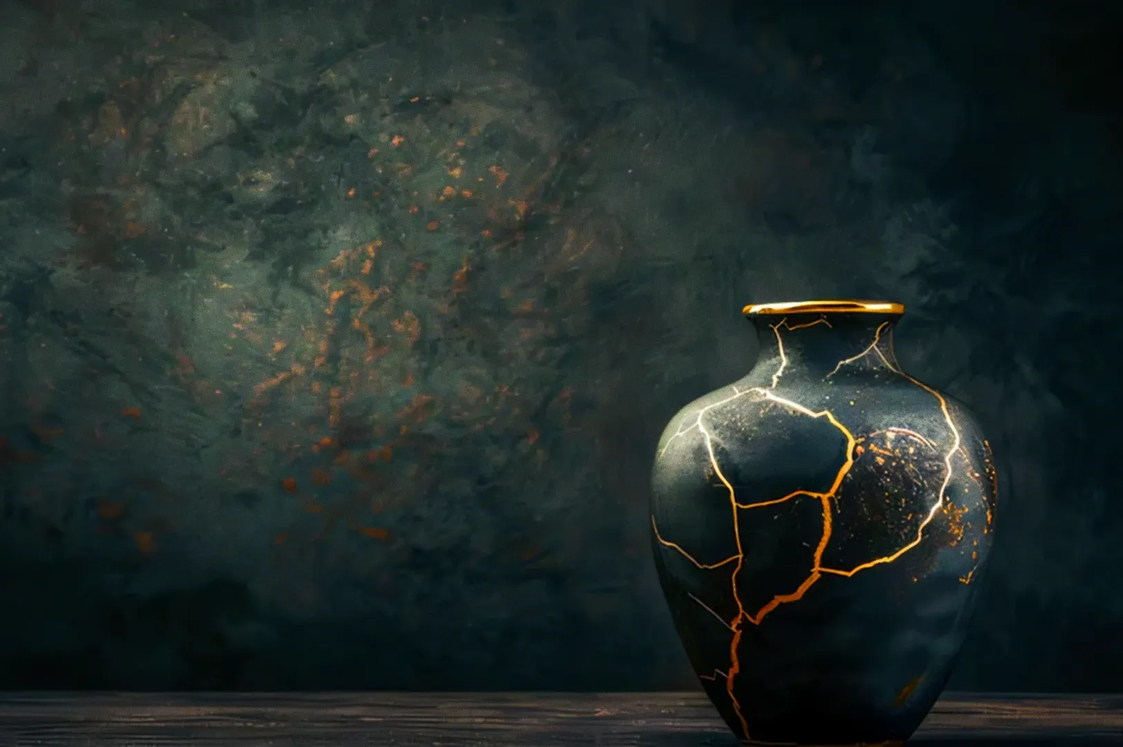 Low-angle studio shot of black ceramic vase repaired with gold kintsugi cracks against dark textured background, symbolizing beauty in imperfection and intentional restraint.