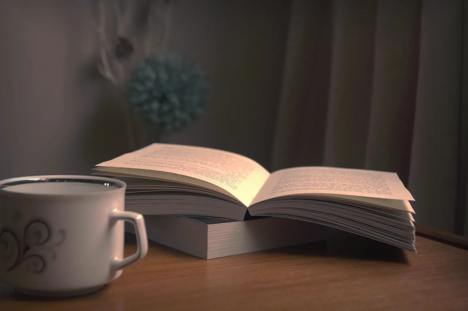 A peaceful reading nook featuring an open book resting on a stack of volumes next to a ceramic mug on a wooden table, suggesting a cozy, intellectual break.