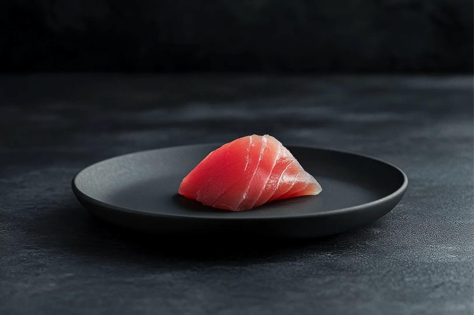 Close-up low-angle shot of a single piece of sushi on a dark plate, symbolizing minimalism, restraint, and the elegance of disciplined choices in creative and financial practice.