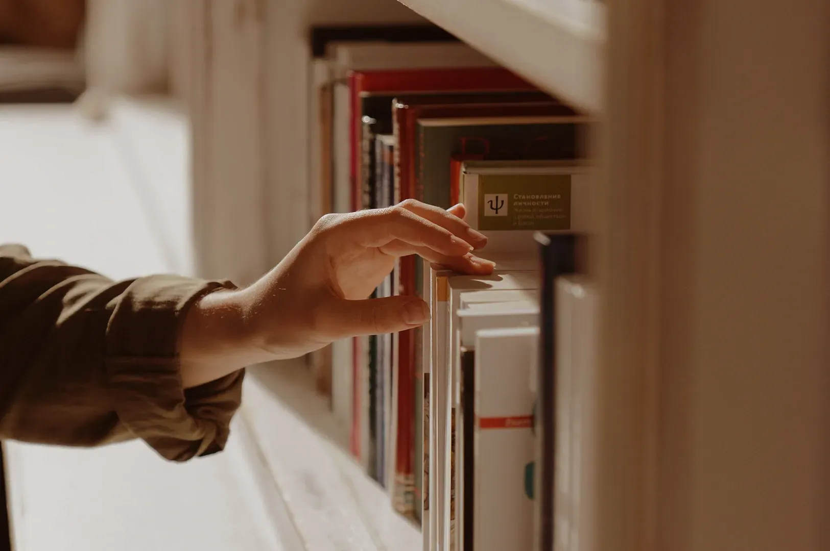 A person’s hand gently reaching toward a curated collection of books on a shelf, symbolizing the process of discovery and selection in a personal library.