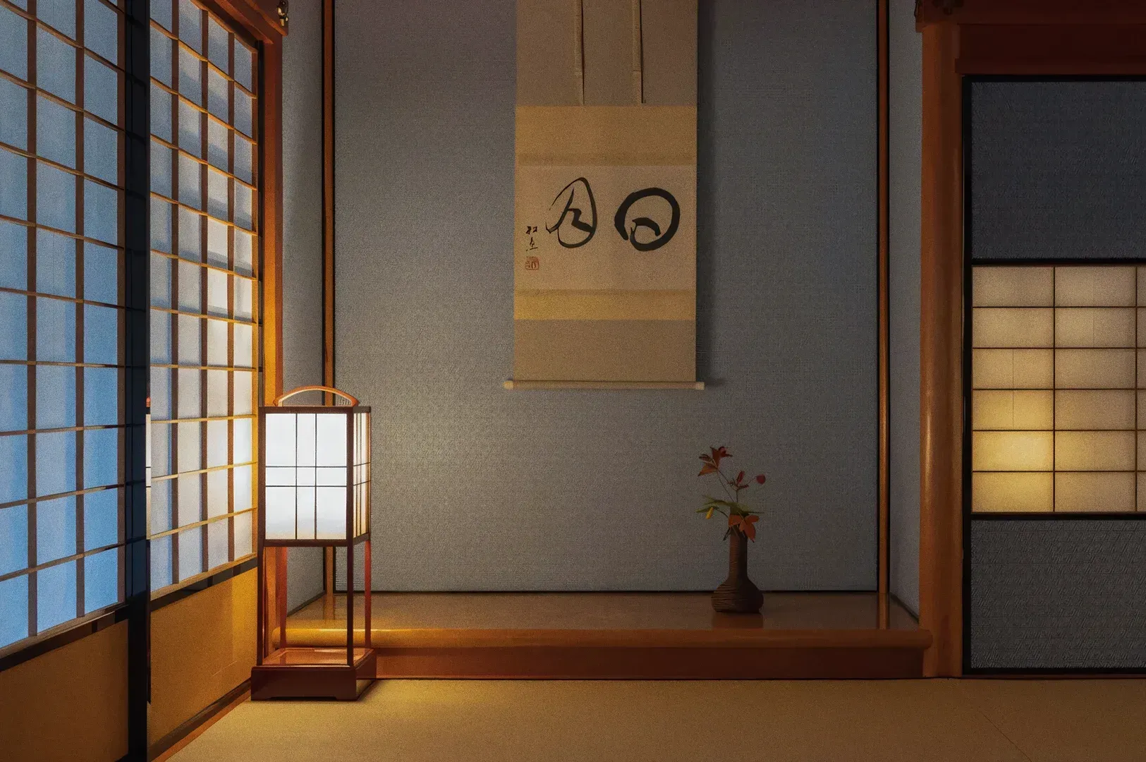 Minimalist Japanese tatami room with shoji screens, paper lantern, wall scroll art, and ikebana flower arrangement, captured in a straight-on interior shot.