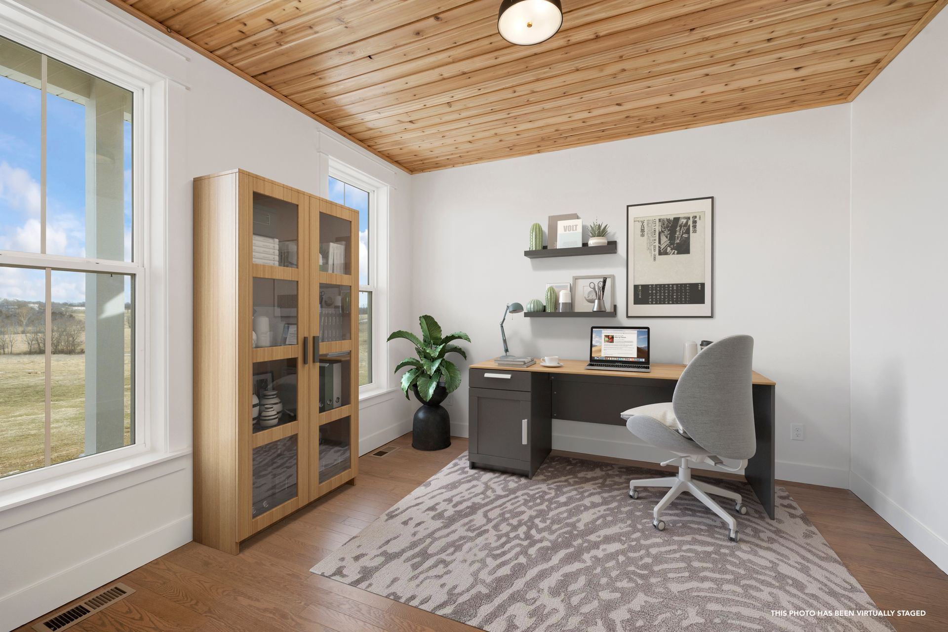 A 3d rendering of a home office with a wooden ceiling and a desk and chair.
