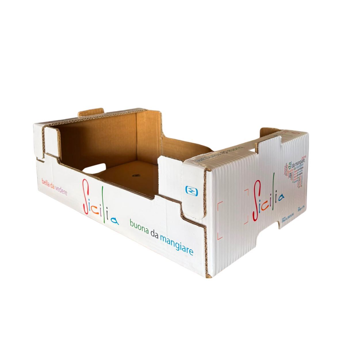 Scatola espositiva in cartone bianco con interno marrone su sfondo neutro.