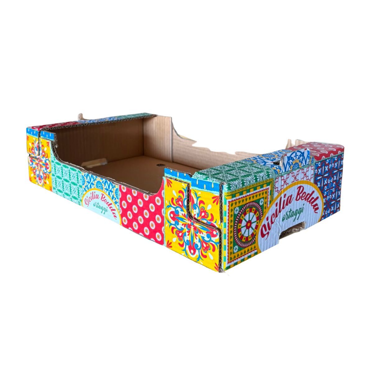 Scatola di cartone colorata e decorata, con apertura superiore e motivi in ​​stile cartone animato su sfondo bianco.