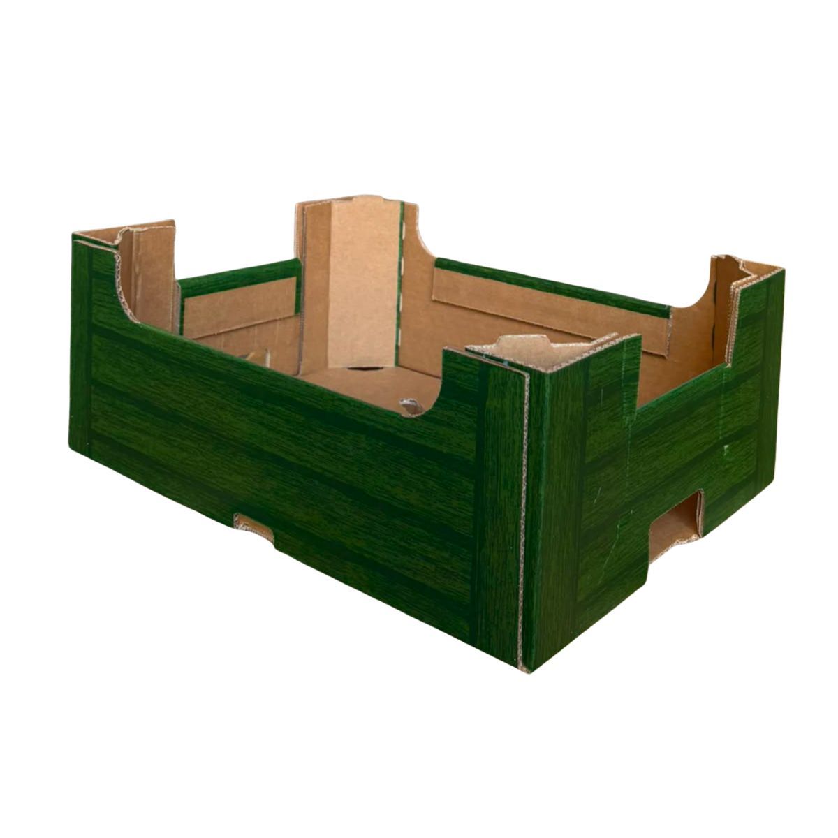 Cassa di legno verde con interno in cartone e maniglie ritagliate su sfondo bianco.